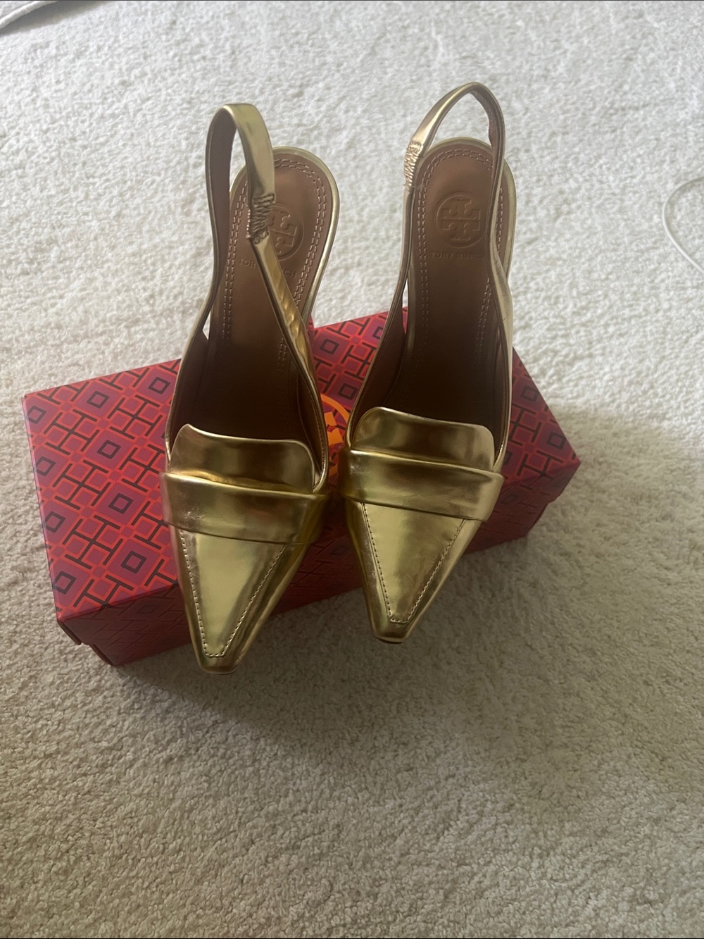 Tory Burch Metallic Gold Pointed Slingback Heels